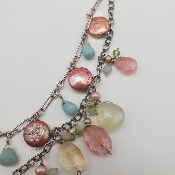 925 Sterling Silver Double Strand Dangling Pearl, Pink & Green Quartz Necklace - Picture 4 of 6